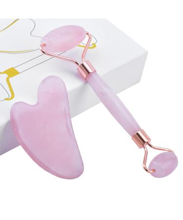 Jade Roller and Gua Sha Tool Set Facial Beauty Roller Natural Rose Quartz Massage Tool Skin Care Kit for Face Eyes Neck and Body