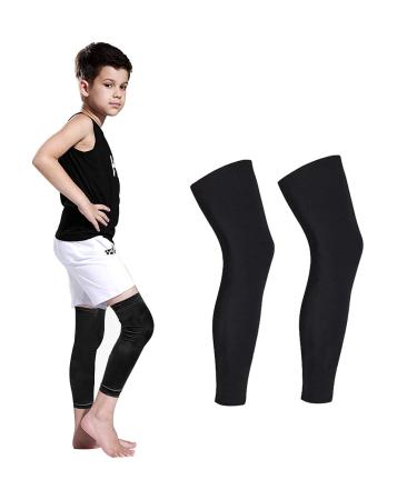Long Compression Leg Sleeves for Kids - Luwint Comfortable Non-Slip UV Protection Thigh Calf Brace Support for Basketball Running Cycling, 1 Pair (Black M) M (10-11 Yrs Old)