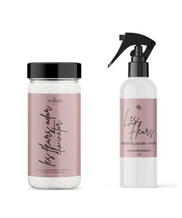The Diamond Life Home "Les Fleurs" Cherry Blossom & Peony Carpet Powder & Upholstery Freshener With Room Deodorizer, Air/Fabric/Room Mist Odor Eliminator For Homes With Kids & Pets Bundle