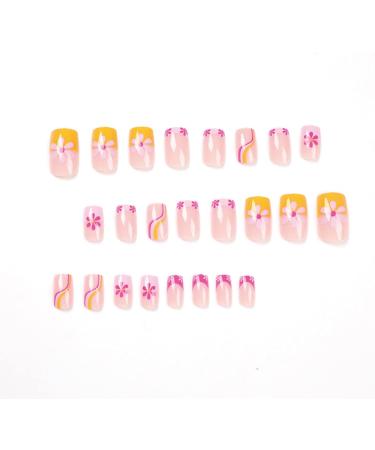 JustOTRY 24 Pcs Swirl Square Short Colourful French Press on Nails | Flower Pastel Fake Nails with Nail Glue | Squoval Nails for Women - Buy Online on GoSupps.com