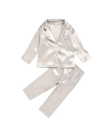 Verve Jelly Baby Boy Girls Pajama Set Long Sleeve Button Down Sleepwear Nightwear Kids Satin Top Pants Outfit 2-Piece Set 6-7 Years Beige
