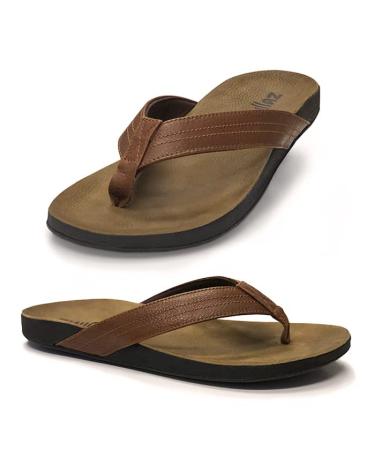 Zullaz - Byron Orthotic Flip Flops for Men Stylish & Comfortable Orthopedic Sandals with Biomechanical Arch Support Zullaz - Genuine Leather Strap 10 Tan
