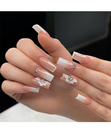 24Pcs/Set Press On Nails Mid Length Milky White Bow Sparkling Diamond False Nails Acrylic Fake Nails Full Cover Nails Tips Artificial Finger Manicure Press on nails for Women and Girls