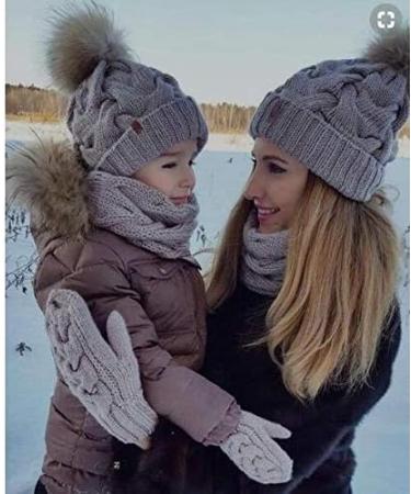 2PCS Family Matching Winter Knit Hat Set - Grey Mother & Baby Ski Cap - Buy Online on GoSupps.com