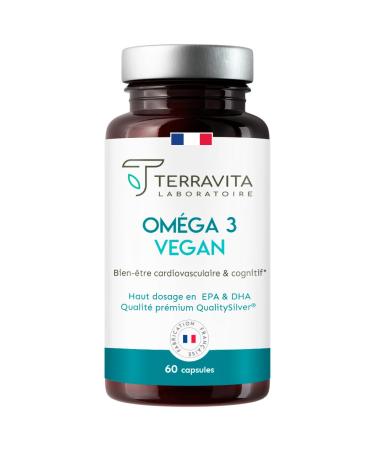 Vegan Omega 3 | Patented OmegaVie Oil from Schizochytrium Microalgae | 300 mg DHA and 150 mg EPA per Capsule | Guaranteed No Heavy Metals | 60 Capsules | Made in France | Terravita