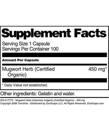 Mugwort Herb (Artemisia Vulgaris) (Certified Organic) - 450 mg (100 Capsules ZIN: 517772) - Buy Online on GoSupps.com
