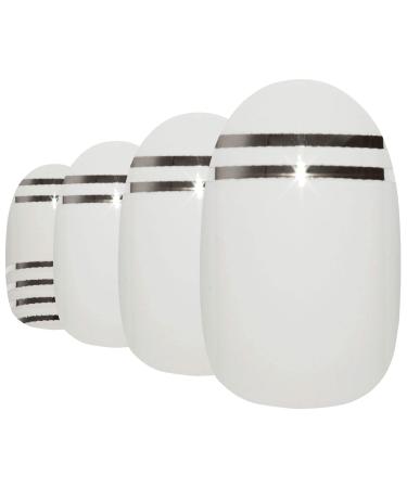 False Nails Bling Art White Silver Glossy Oval 24 Artificial Nails Medium Tips