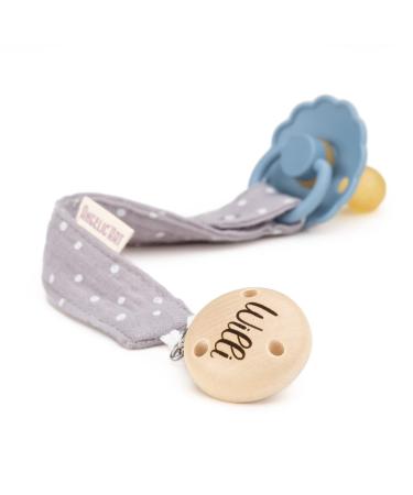 AngelicArt pacifier strap with engraved name for boys and girls - large selection of colors - gift for baby (gray-dotted)