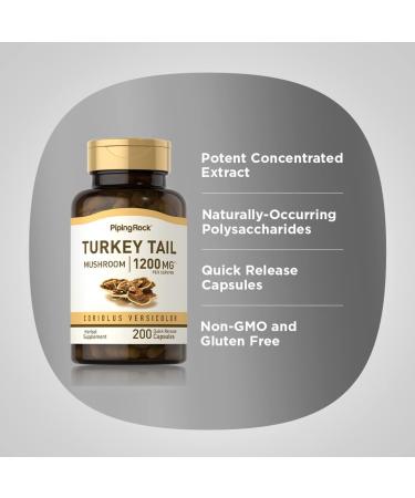 Piping Rock Turkey Tail Mushroom Capsules 1200mg - 200 Pills | Coriolus Versicolor Herbal Extract Supplement | Non-GMO & Gluten Free - Buy Online on GoSupps.com