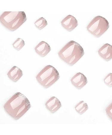 Glitter Pink Square Fake Toenails | French Tip Acrylic Summer Toe Nails - 24Pcs - Buy Online on GoSupps.com
