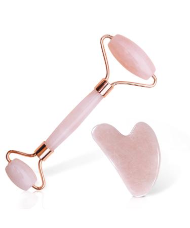 Gua Sha Facial Tools Set - Beauty Skin Care Face Roller Massager Natural Rose Quartz Jade Stone Facial Roller Anti-Aging Relieve Wrinkles Eye Puffiness and Muscle Relaxing