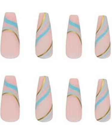 48pcs (2pack) Long Press On Nails with Green Wave Print French Ballerina Fake Nail Tips DIY Arylic False Nail Tips Press-on False Nails for Women and Girls - Buy Online on GoSupps.com