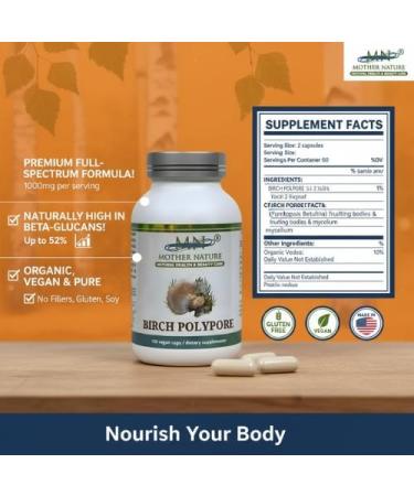 MN Mother Nature Birch Polypore Mushroom Supplement 1000mg - 120 Vegan Capsules - Rich in Beta Glucans & Triterpenes - Made in USA - 60 Day Supply - Buy Online on GoSupps.com