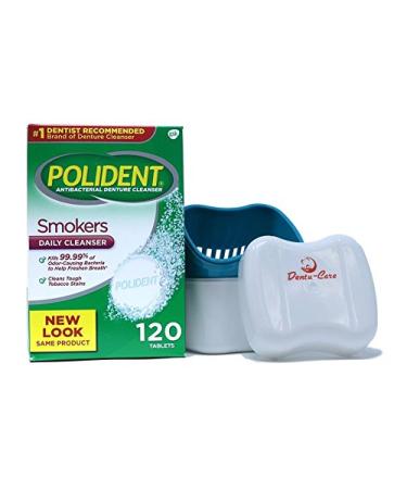 Denture Cleaner Smokers 120 Tablets Bundled With Dentu-Care Denture Cleaning Cup Case With Lid Basket