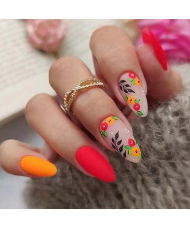 ANDGING Flower Almond Press on Nails Short Medium  Fake Nails Glue on Nails for Women with Red Yellow Black Leaf Design  Cute Gel False Nails Full Cover Stick on Nails for Wedding Birthday 24Pcs Stiletto & Colorful Fruit...