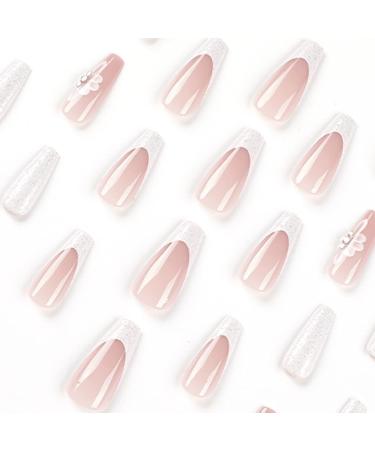 Justotry 24 Pcs Long Glitter Flower White French Press On Nails - Glossy Pink Ballerina Stick On Nails for Women - Acrylic Coffin Fake Nails with Glue - Nail Art Milly&Flower - Buy Online on GoSupps.com