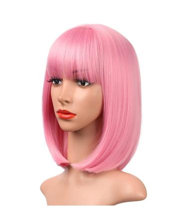 AISI BEAUTY 12 Inch Pink Bob Wig with Bangs - Short Straight Synthetic Cosplay Party Wig for Women - Buy Online on GoSupps.com