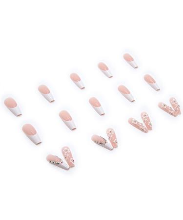 24Pcs Flower Design Long Press on Nails - White French False Nails with Nude Pink Acrylic - Glossy Stick on Nails for Women - Buy Online on GoSupps.com