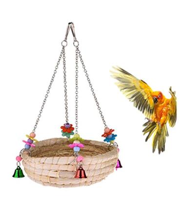 Woven Straw Nest Bed Large Bird Swing Toy with Bell for Parrot Cockatiel Parakeet African Grey Cockatoo Macaw Amazon Conure Budgie Canary Lovebird Finch Hamster Chinchilla Cage Perch