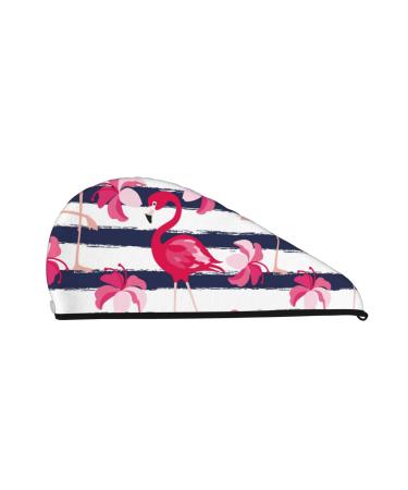 Dark Blue Stripes and Pink Flamingos Microfiber Hair Towel Soft Super Absorbent Hair Towel Wrap for Women Coral Velvet Quick Dry Hair Cap for Long Curly and Thick Hair