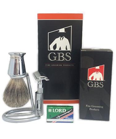 G.B.S Men's Shaving Set Heavy Duty MK 34 Safety Razor Pure badger brush 21mm Razor Stand Chrome Badger Shaving Brush Include 5 double edge razor blades