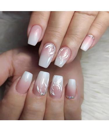 Sethexy ombre short ballerina nails to stick on pink color press on nails with crystal fake nails wedding 24 piece acrylic leverage nail for women and girls style8