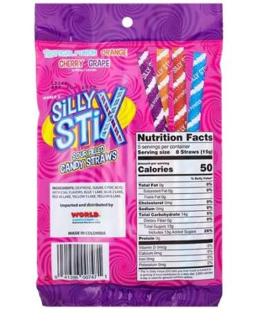 Silly Stix Sour Filled Candy Straws Bundle. Includes (2) Package of Silly Stix Sour Filled Candy Straws (78g per) with Water Cooler Trivia Game by BIG MAPLE . Tasty Snack for Everyone. Variety of Flavours: Tropical Punch Orange Cherry Grape. Retro Snack - Buy Online on GoSupps.com