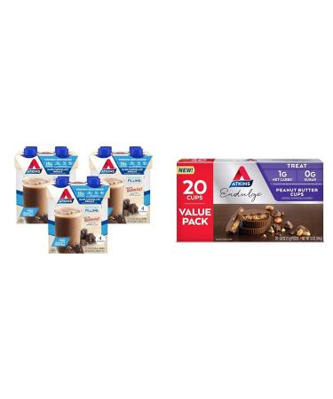 Atkins Dark Chocolate Royale Protein Shake 15g Protein Low Glycemic 2g Net Carb 1g Sugar Keto Friendly 12 Count & Endulge Peanut Butter Cups Dessert Favorite Low Carb 0g Sugar 20 Count
