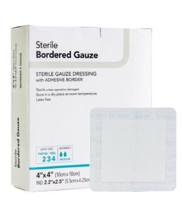 Sterile Bordered Gauze Dressing with Adhesive Border - 25 Count - 4"x4" - Individually Packaged - for Stage 2 3 and 4 Wound Care - Latex Free