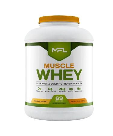 MFL Muscle Whey Protein 5 lbs l 26g of Protein l 8g BCAAs l 6g Glutamine l Low Carbs l 69 Servings (Banana Cream)