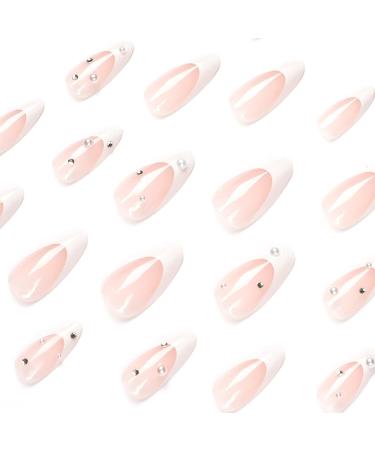 24pcs Short Almond French Tip Stick on Nails with Pearls - White Edge Press on Nails for Women and Girls | Removable Glue-on Acrylic Full Cover Fake Nails - Nail Art Accessories 0205Y66 - Buy Online on GoSupps.com