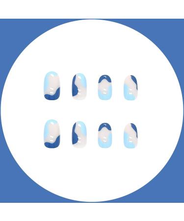 24 Pcs Blue Press on Nails - Short Oval Shape Almond Glossy False Nails with French Stripe Wave Design - Artificial Finger Manicure for Women and Girls - Buy Online on GoSupps.com