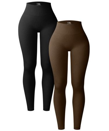 OQQ Women's 2 Piece Yoga Leggings Ribbed Seamless Workout High Waist Athletic Pants Black Coffee Medium