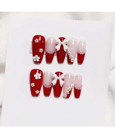 Christmas American Independence Day Flag Wearing Armor Christmas False Nail Wine Red Sweet Cool False Nail Beauty Patch(Color:Bow1 Size:XS)