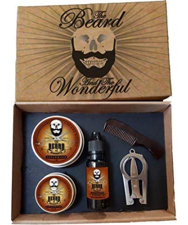 Beard Grooming Kit for Men - The Beard & The Wonderful 5 Piece Set with Moustache Wax Beard Oil Beard Balm - Pocket-Sized Beard Comb & Beard Scissors with Cedarwood Scent