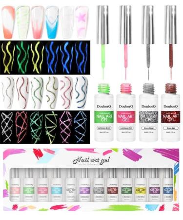 Reflective Glitter Nail Art Line Polish Gel Kit 12 Colors for UV/LED Paint Nails Drawing DIY Painting Varnish 8ml Liner Gel - (Color: Multi)