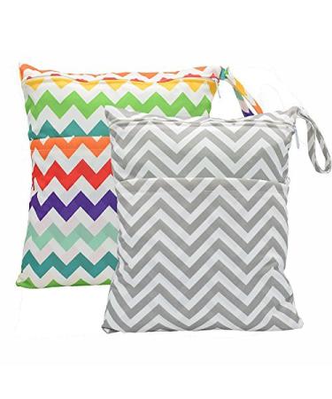 Baby Wet Bag Dry Bag Splice Cloth Diaper Wet Bags Waterproof Small Size with Zipper Snap Handle Pack of 2 (Chevron Rainbow and Grey)