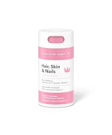 Health By Habit Hair  Skin and Nails Supplement (60 Capsules) - Biotin 2000mcg  Vitamin A  Vitamin B  Vitamin C  Hyaluronic Acid  Rosehip  and Alo Vera  Vegan  Non-GMO  Sugar Free (1 Pack) Unflavored 60 Count (Pack of 1)
