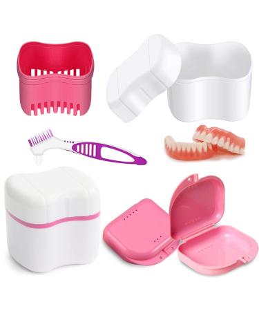 Hongecb denture box prostheses container prosthesis cup prosthesis box dentistry container with sieve with prostheses cleaner brushes for false teeth storage cleaning pink.