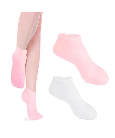 2 Pairs Silicone Socks for Women Soft Gel Socks Aloe Socks Moisturizing Foot Socks Women's Spa Pedicure Socks for Repairing Dry Feet Cracked Heels and Softening Rough Skin- Pink & White Silicone sock 2 pairs