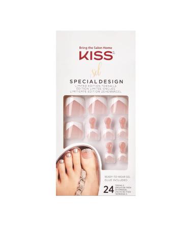 KISS Special Design Limited Edition Fake Toenails  Style Blushed   Square Shaped  Pink & White French Pedicure  Includes Pink Gel Nail Glue  Mini File  Manicure Stick  & 24 Fake Nails