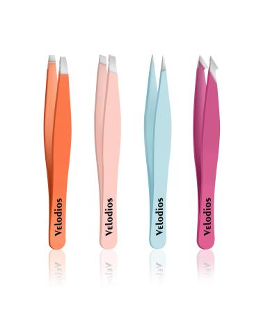Velodios Tweezers for Women and men Professional Precision Tweezers for Eyebrows Pointed and Slant Tweezers for Facial Hair Splinter and Ingrown Hair Removal Stainless Steel Tweezers Set - 4Pack