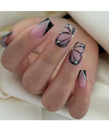 Black Press on Nails Short Medium Square French Tip Fake Nails with Butterfly Glitter Rhinestone Design Coffin Glue on Nails for Women Acrylic False Nails with Glue Stick on Nails for Wedding Black 26 Piece Set