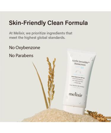 Melixir Airfit Invisible Sunscreen SPF 50 Broad Spectrum Korean Rice Sunscreen for Face Hyaluronic Acid Moisturizing Daily Protection for Sensitive Skin No White Cast Waterproof (1.7fl.oz./50ml) | Korean Rice Hyaluro  - Buy Online on GoSupps.com