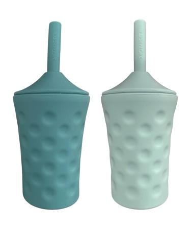 Lucky Love Silicone Sippy Cup With Straw | Easy Grip Baby Cups 6-12 Months + Toddler Cups Spill Proof With Lid & Straw (2 Pack - Blue + Green Silicone Cup)