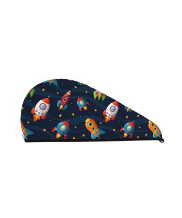 Hair Towel Wrap Hair Drying Towel with Button Towel Turban Head Towel to Dry Hair Quickly (Spaceships and Stars)