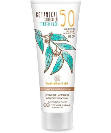 Australian Gold Botanical SPF 50 Tinted Sunscreen for Face, Non-Chemical BB Cream & Mineral Sunscreen, Water-Resistant, Matte Finish, For Sensitive Facial Skin, Medium to Tan Skin Tones, 3 FL Oz Medium-Tan Tinted Face Mineral Lotion Medium-Tan - Buy Online on GoSupps.com