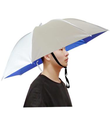 Qukipet Umbrella Hat, 37 inch Fishing Umbrella Cap for Adults and Kids, Elastic Folding Compact UV&Rain Protection Headwear for Fishing Golf Gardening Outdoor Silver/Blue