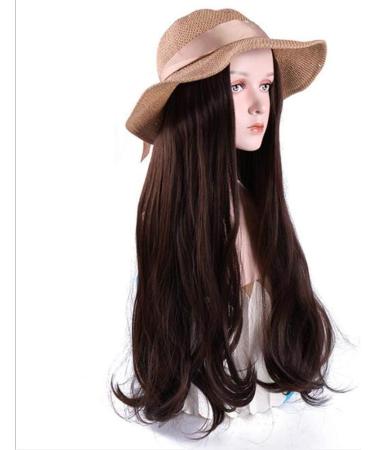 Buy Chtom Xin Chocolate Wavy Long Curly Hair Wig Hat - Heat-Resistant Synthetic Fiber with Straw Hat for Summer Beach Excursions - Buy Online on GoSupps.com