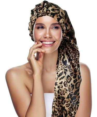 2PCS Long Satin Hair Bonnet Set for Black Women - Foldable Sleep Cap with Button in Black + Leopard Print - Buy Online on GoSupps.com